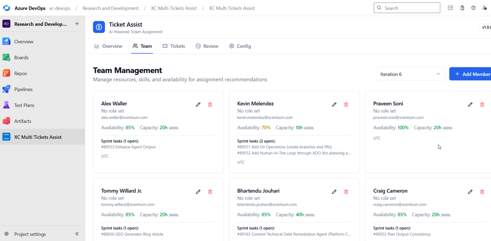 XC Ticket Assist Team Management view showing resources, skills, and availability
