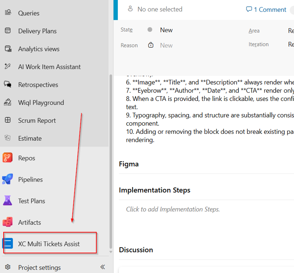 Azure DevOps left navigation showing XC Multi Tickets Assist
