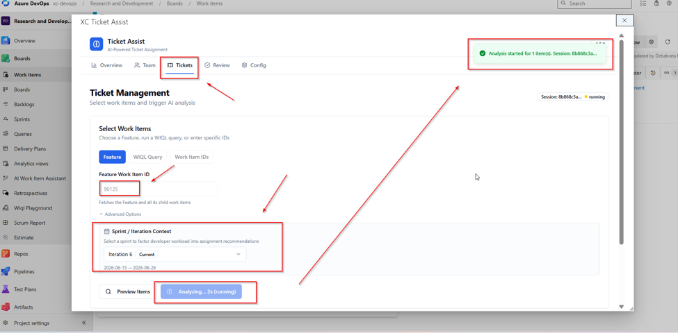 XC Ticket Assist panel with ticket number prefilled and Analyze Pending button