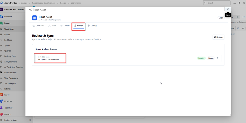 XC Ticket Assist Review tab showing an analysis session