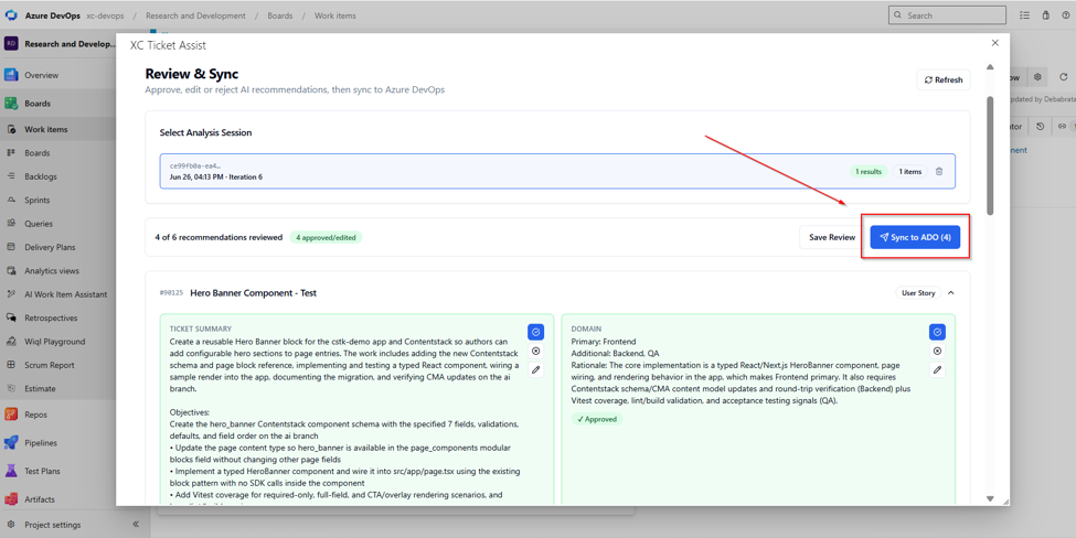 XC Ticket Assist review screen before synchronizing recommendations to Azure DevOps