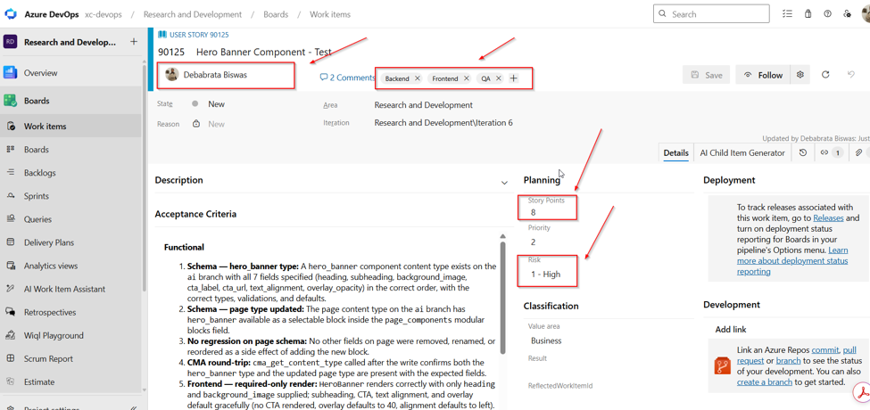 Azure DevOps work item showing synchronized information from review
