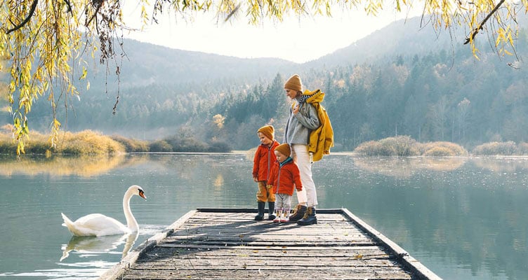 mother and children standing on a wooden wharf over lake looking at a swan