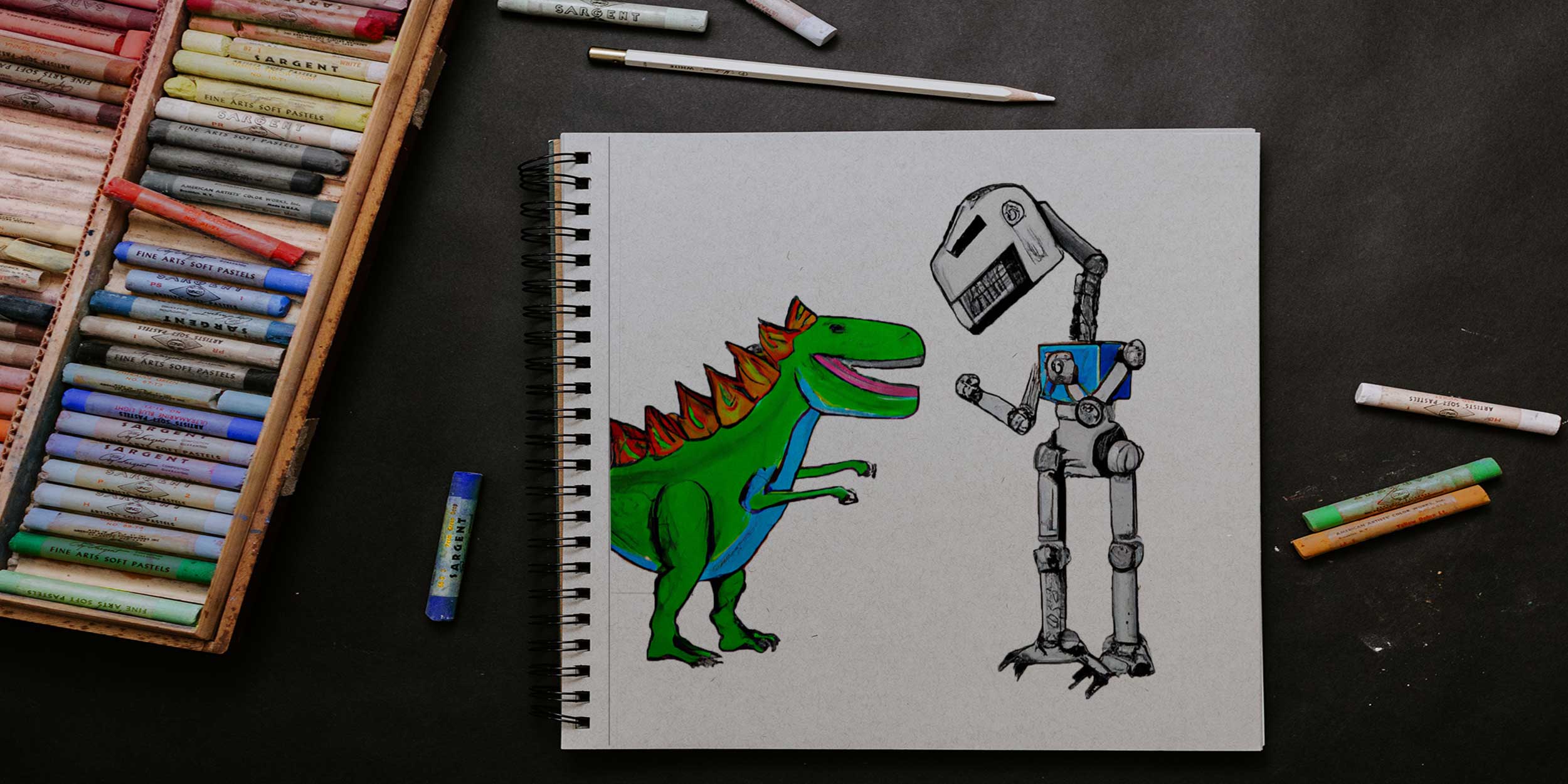 drawing of t-rex and robot