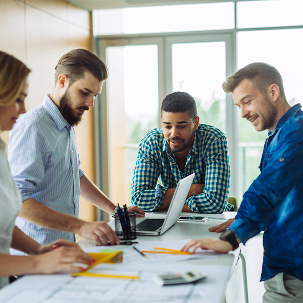 a group of people working together