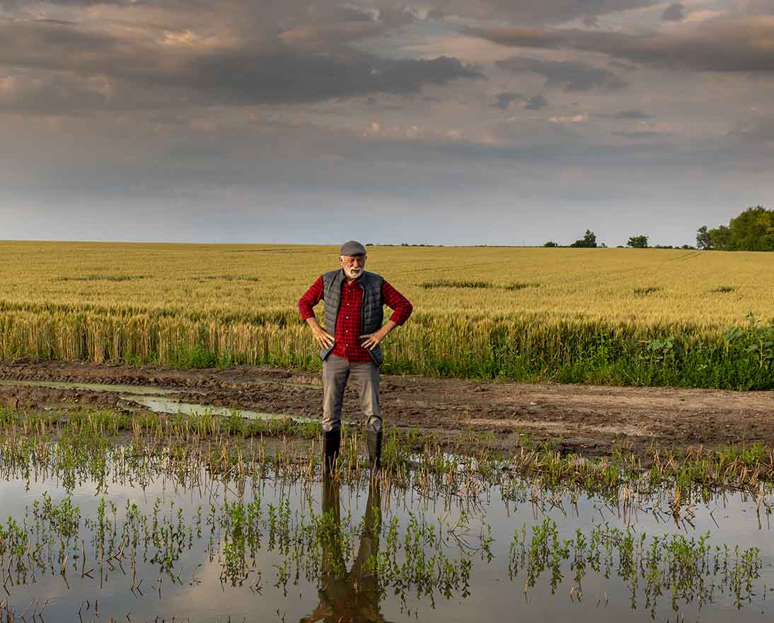 farmer standing beside pond of flooded agricultural field