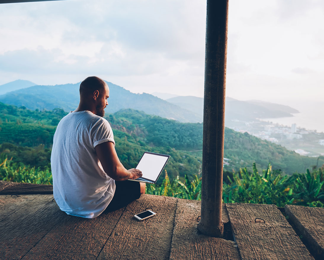 Male traveler work remote