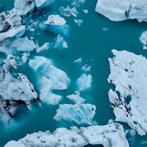 Aerial over icebergs floating