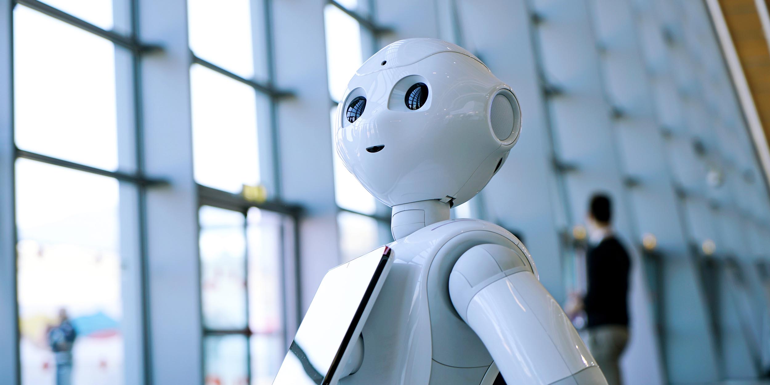 robot assistant with information screen in duty to give information
