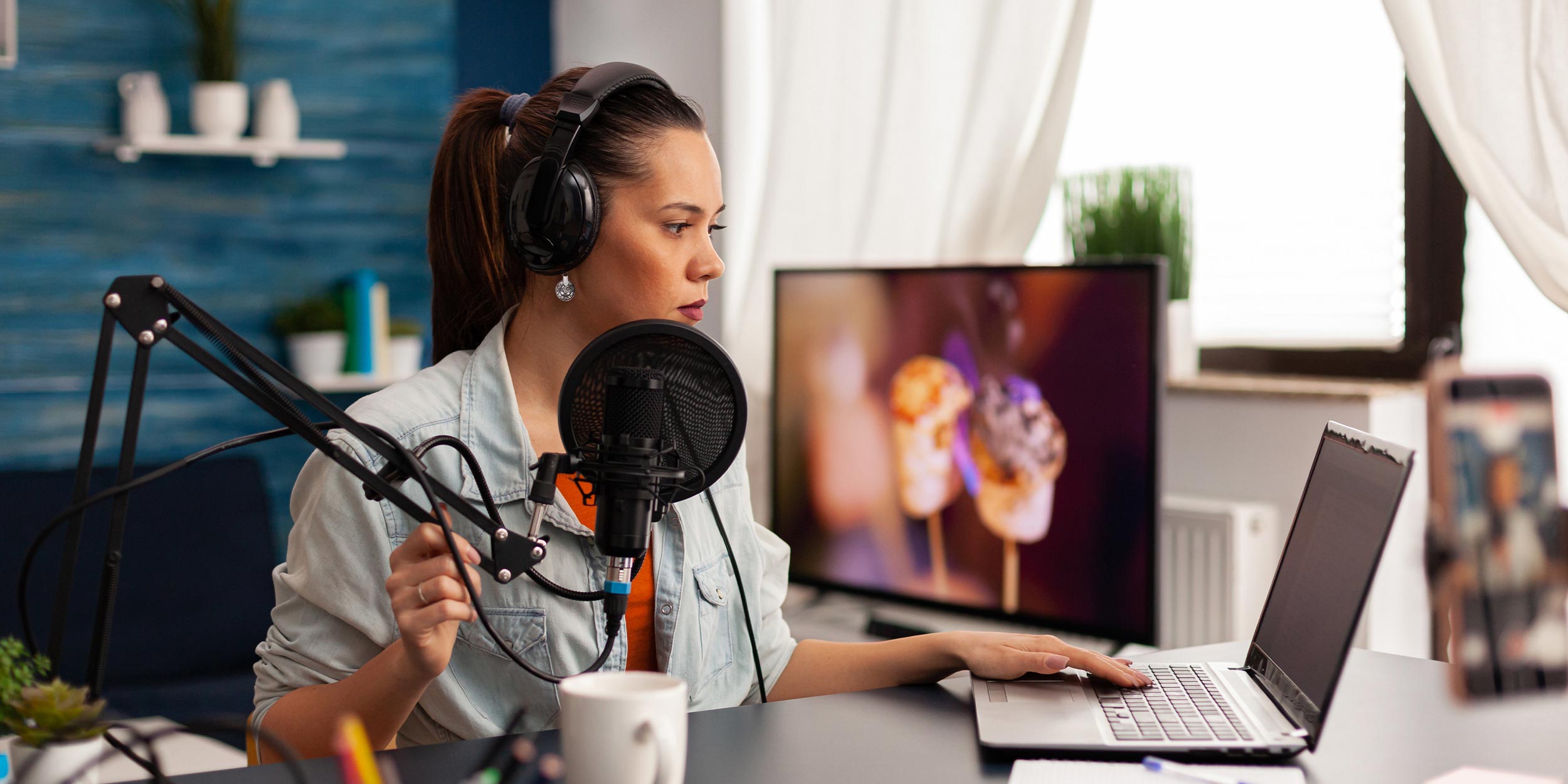 Woman recording a podcast