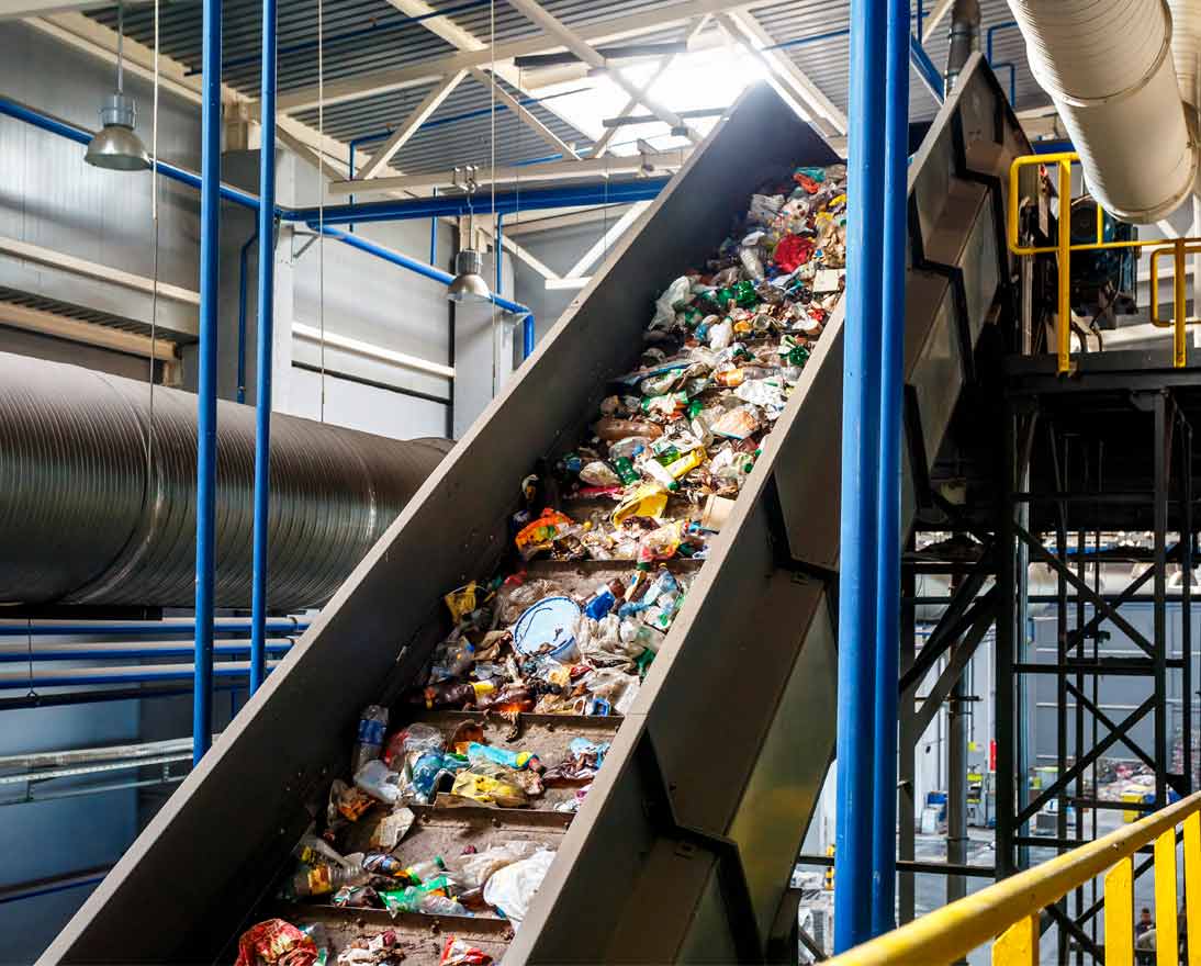 Moving conveyor transporter on modern waste recycling processing plant