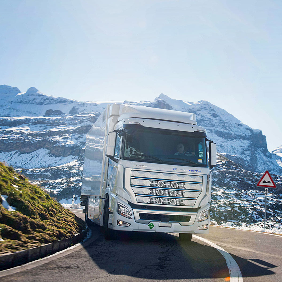 Hydrogen truck driving on a mountain road