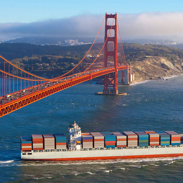 container ship passing under a bridge