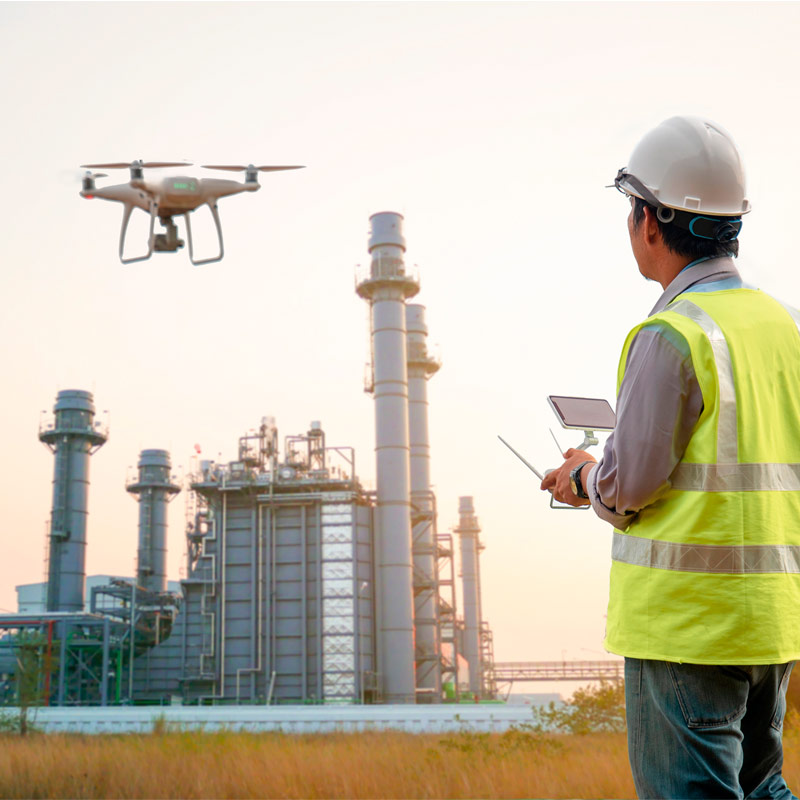 Operator doing a drone inspection in power plant