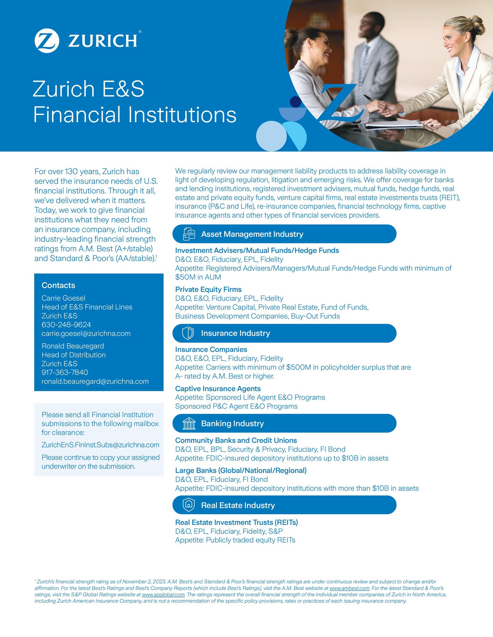 Zurich E&S Financial Institutions Wholesale Fact Sheet