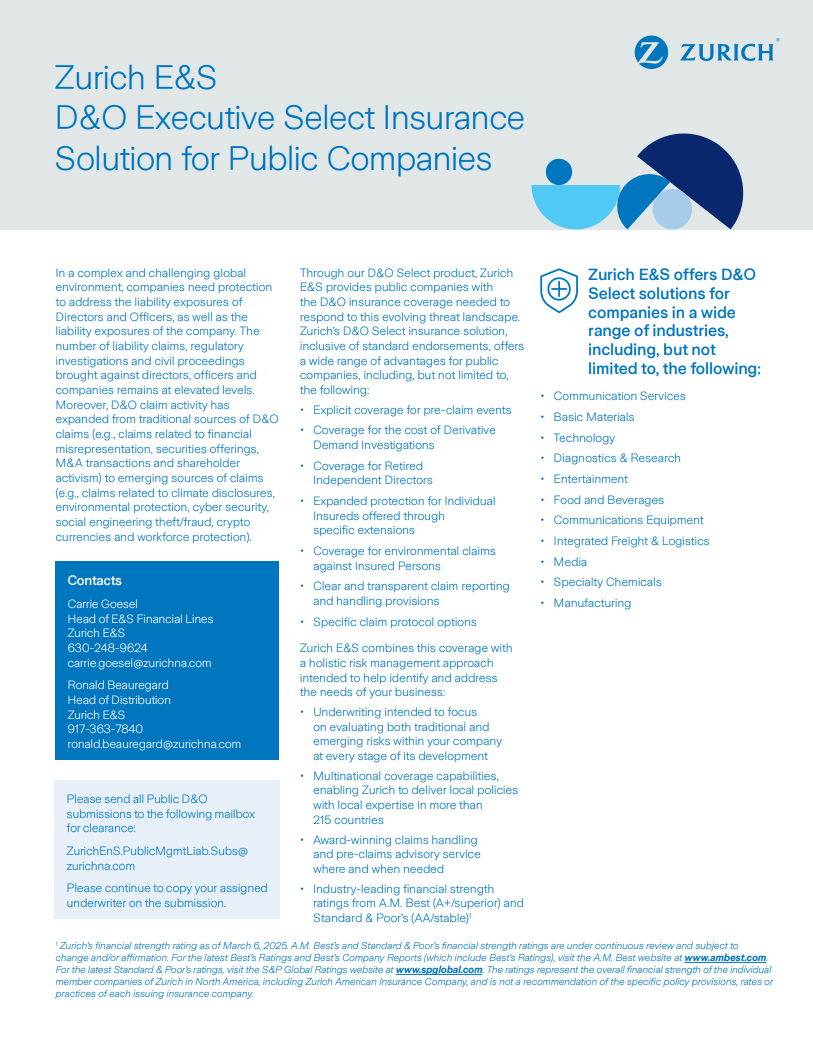 Zurich E&S D&O Executive Select Insurance Solution for Public Companies