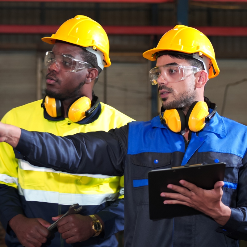 industrial workers reviewing site operations