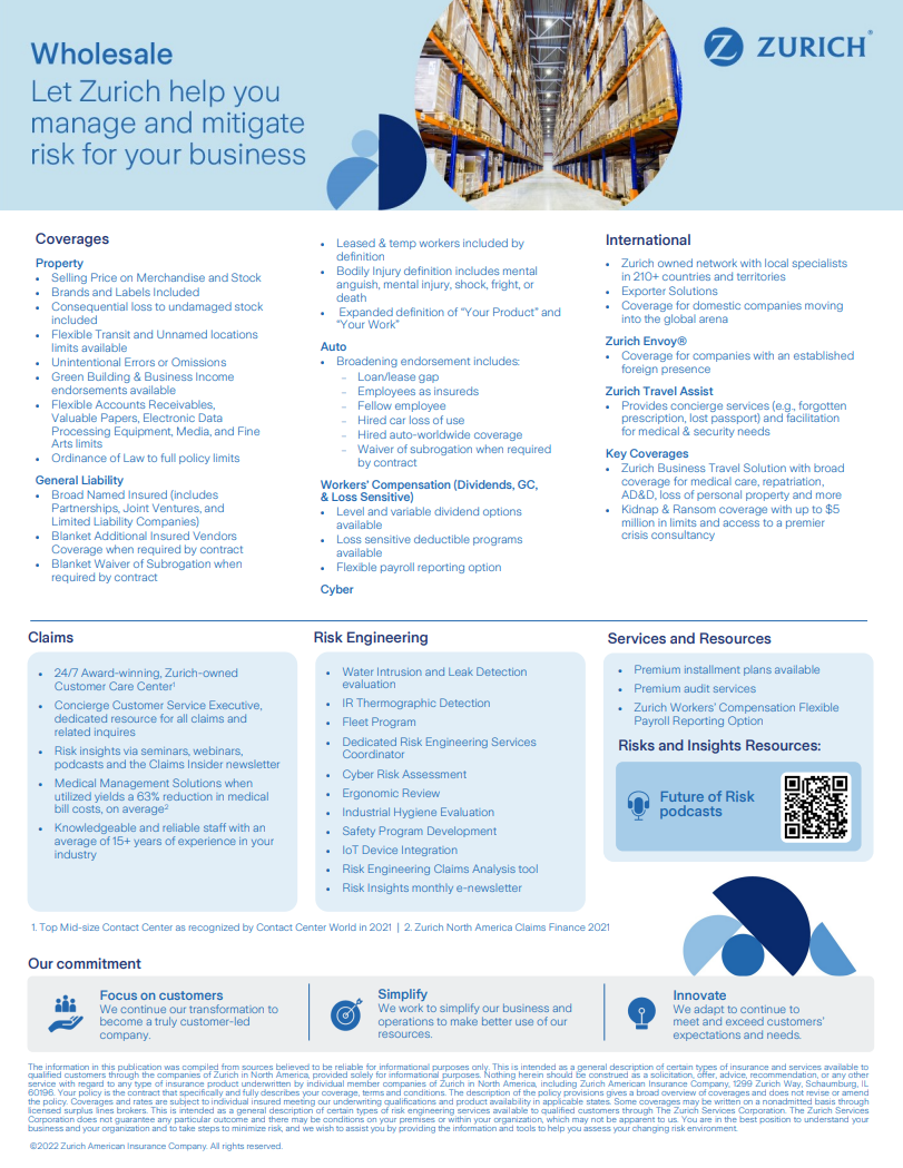 Zurich Wholesale Industry Coverage Benefits Fact Sheet
