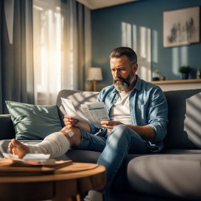  Man reading document with injured leg