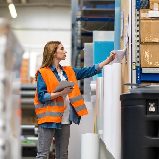 Woman checks inventory in logistics warehouse.