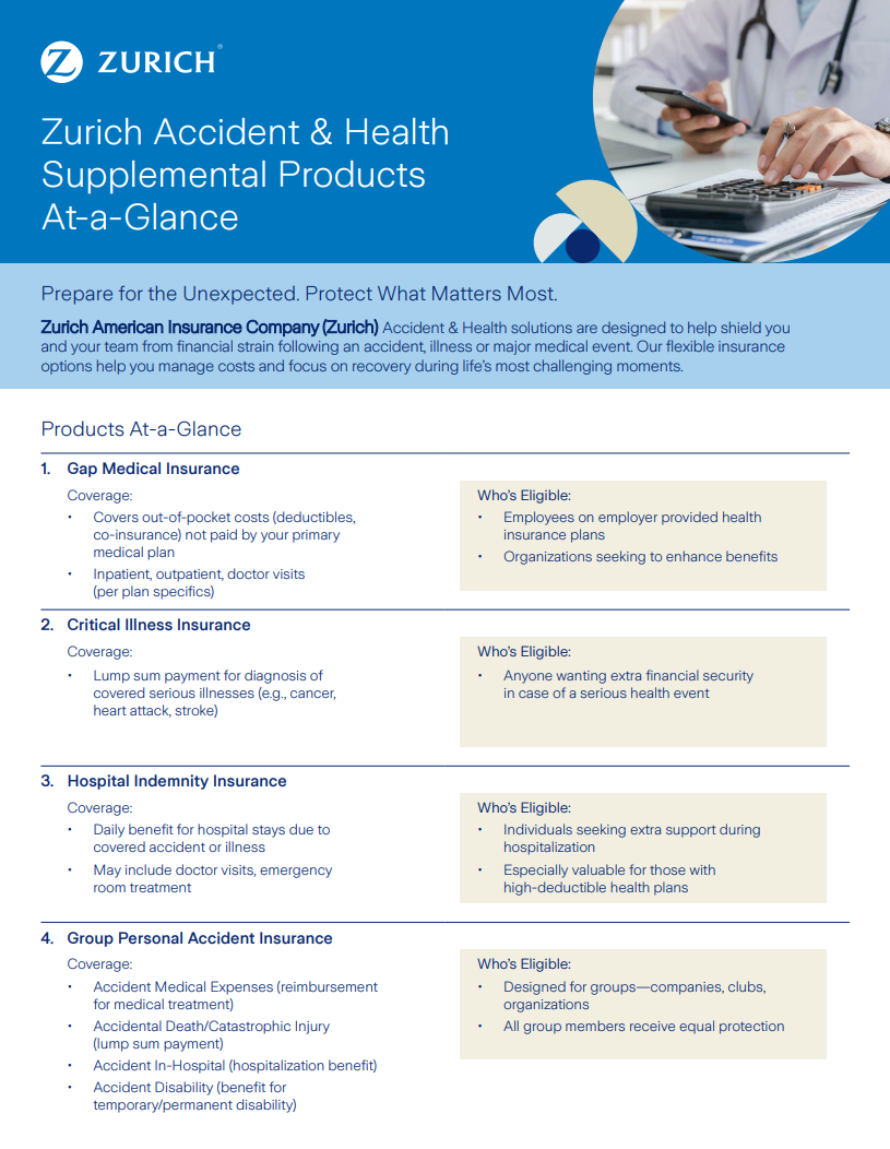 Zurich Accident & Health Supplemental Products At-a-Glance