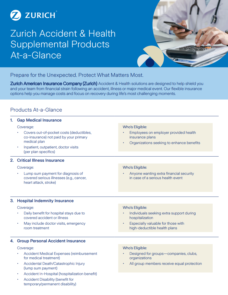 Zurich Accident & Health Supplemental Products At-a-Glance