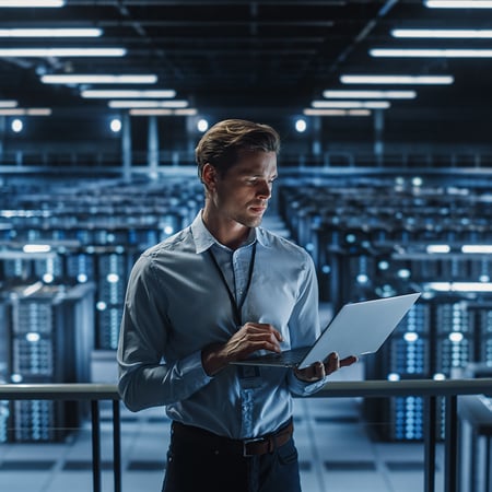 man with labtop in a data center room