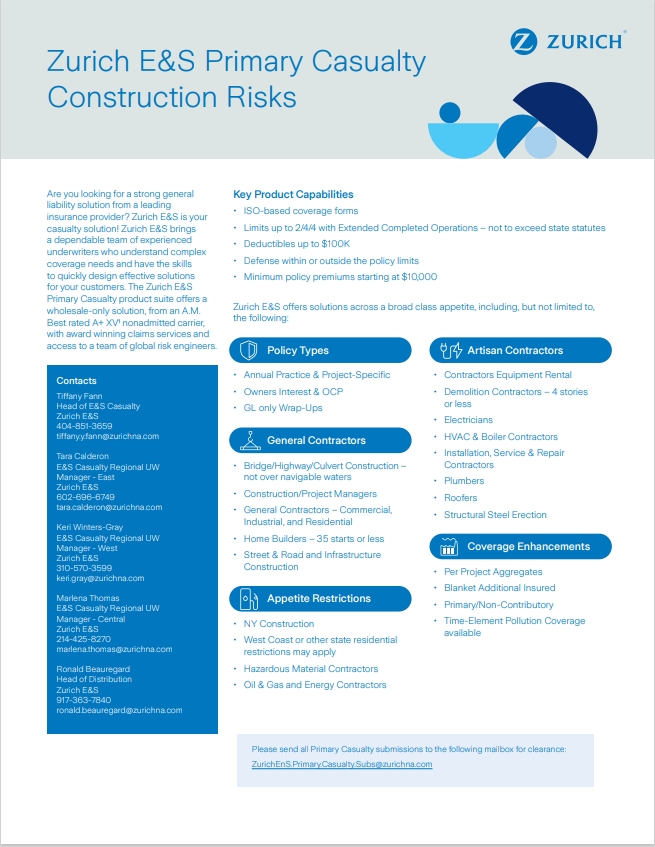 Zurich E&S Primary Casualty  Construction Risks