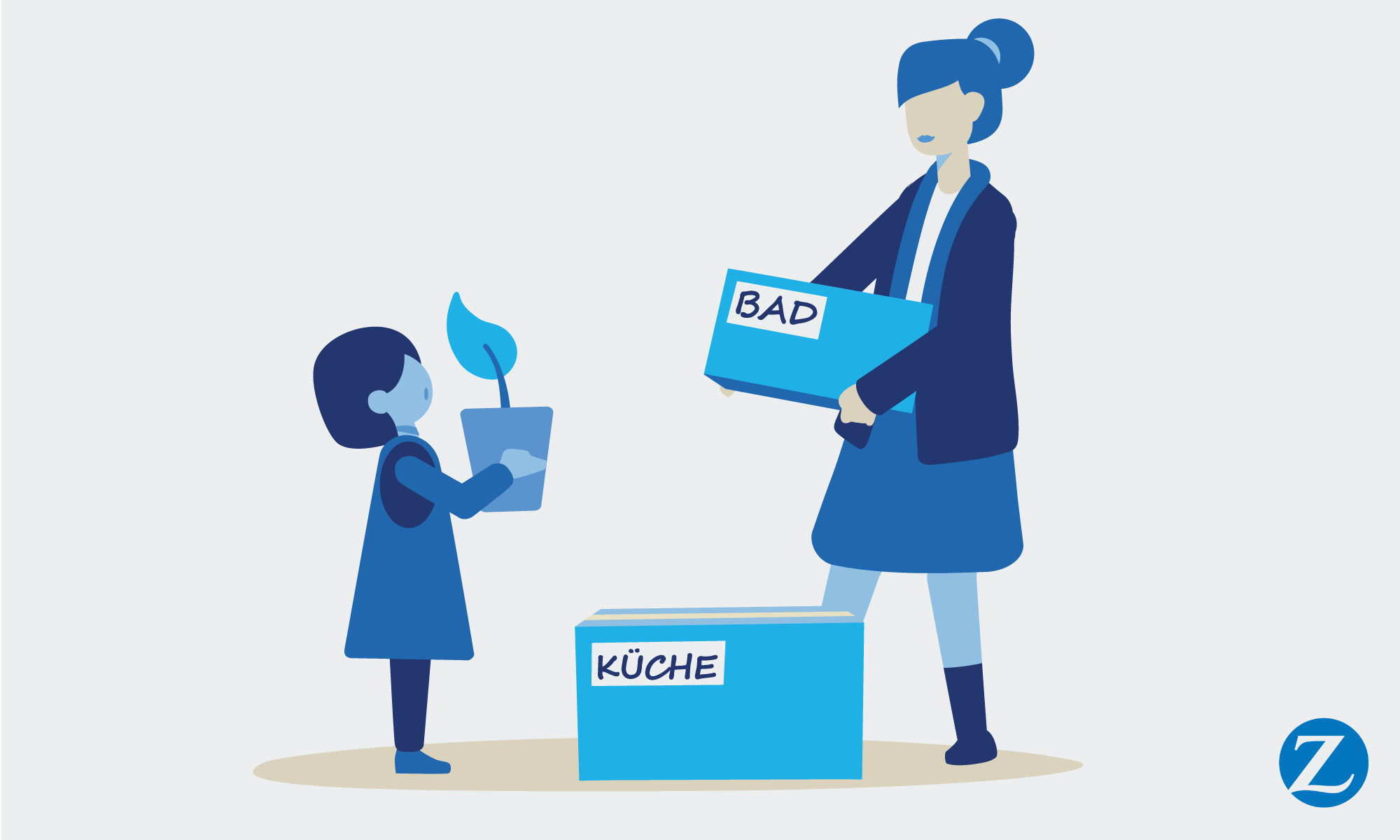 Umzug Grafik von einer Mutter mit Kind die gerade Umzugskartons auspacken | Zurich Connect Haushaltsversicherung