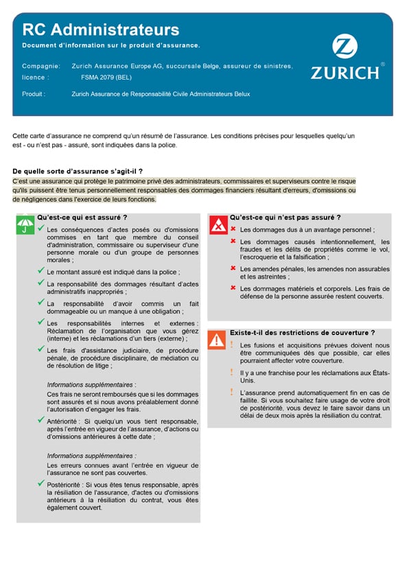 Assurance de Responsabilité Civile Administrateurs, BE