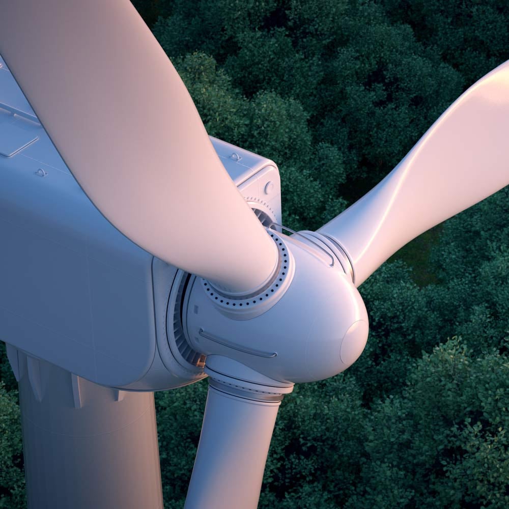 A close-up view of a wind turbine