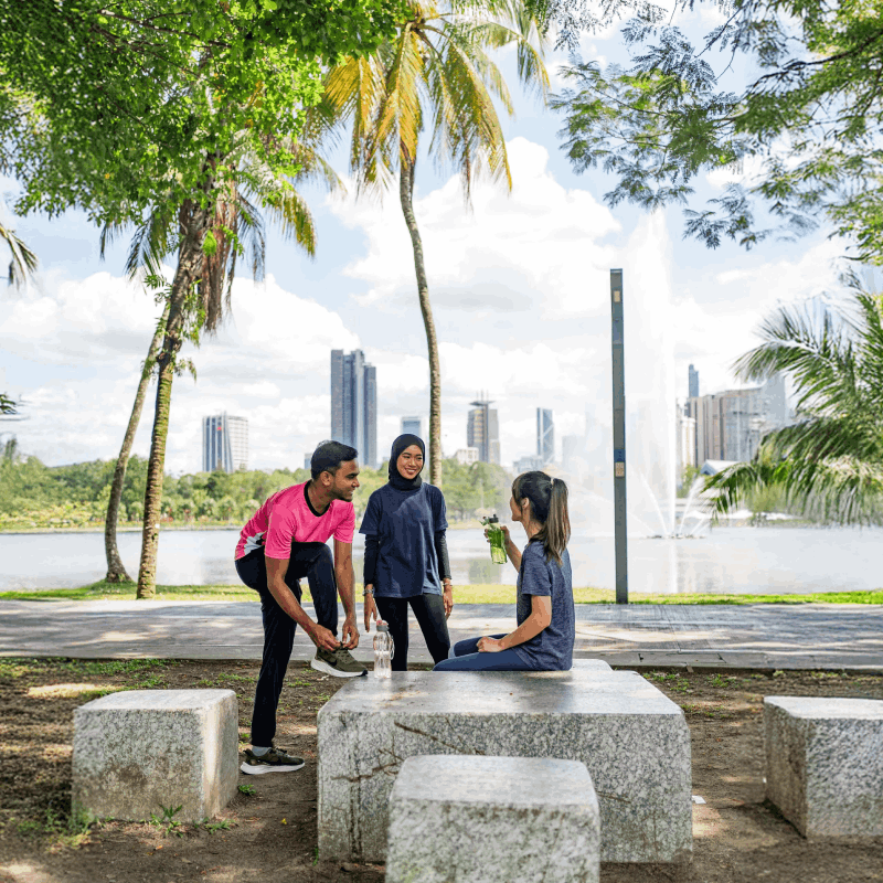 Group relaxing in park with city skyline.