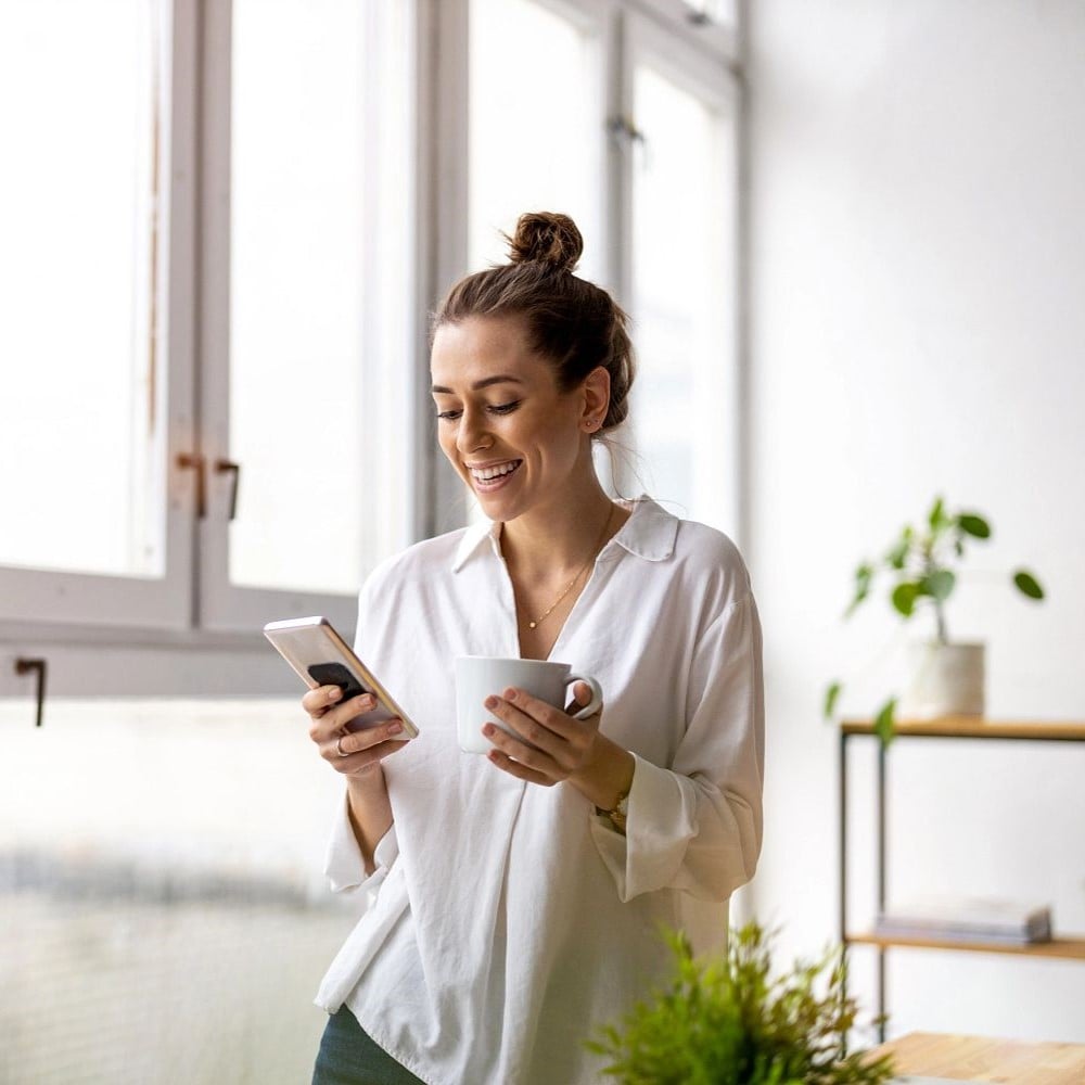 Femme souriante sur son téléphone