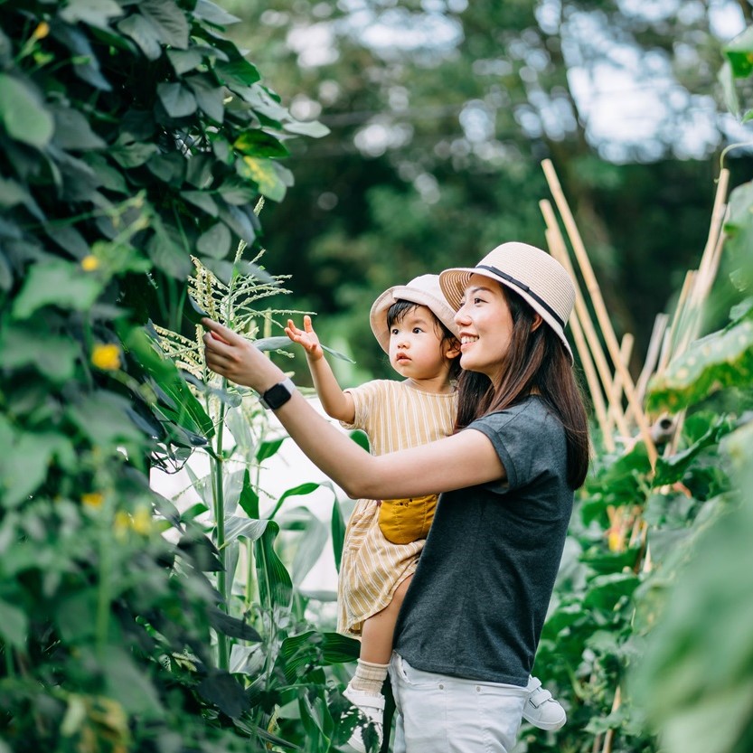 Woman holding a young child in a field