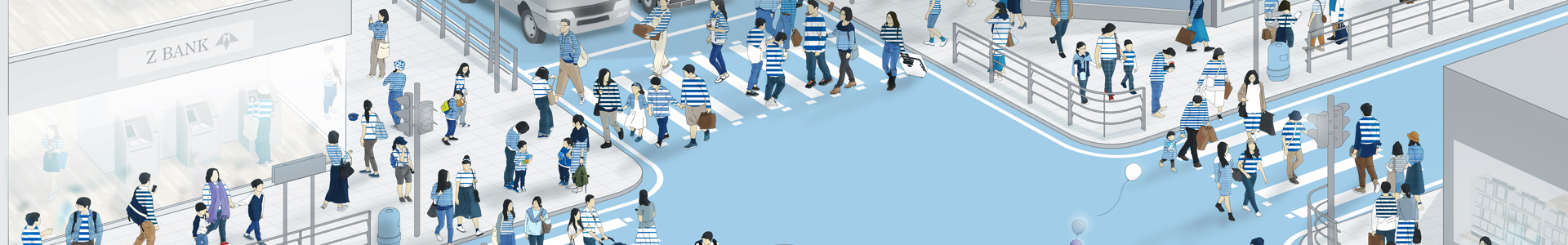 Illustration of people walking across a cross road.