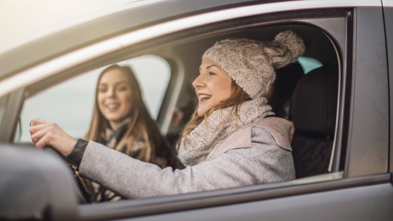 A couple of friends driving a car.