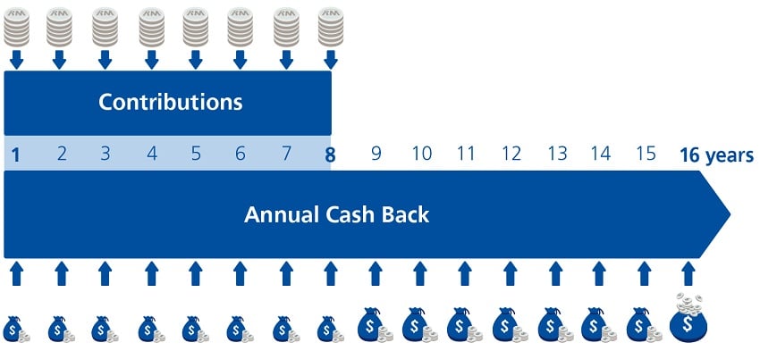 Takaful Mumtaz Annual Cashback Infographic - Make contribution for 8 years and receive Annual Cash back for 16 years