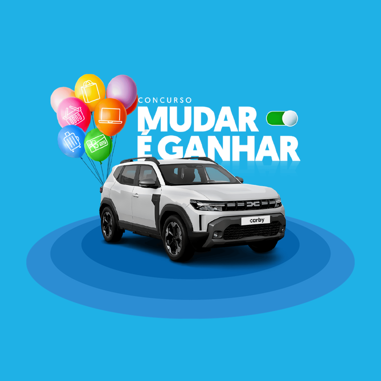 Imagem de carro e balões Mudar é Ganhar