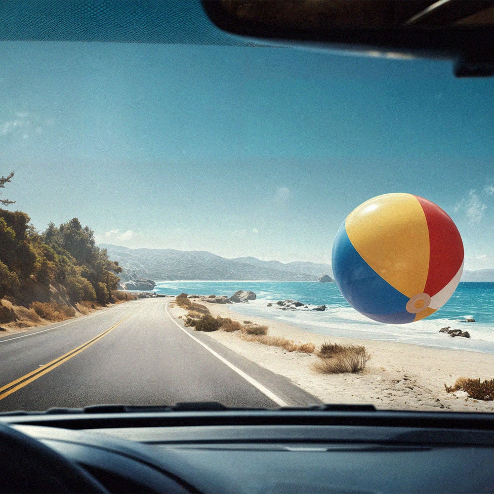 Imagem de bola de praia a invadir a estrada