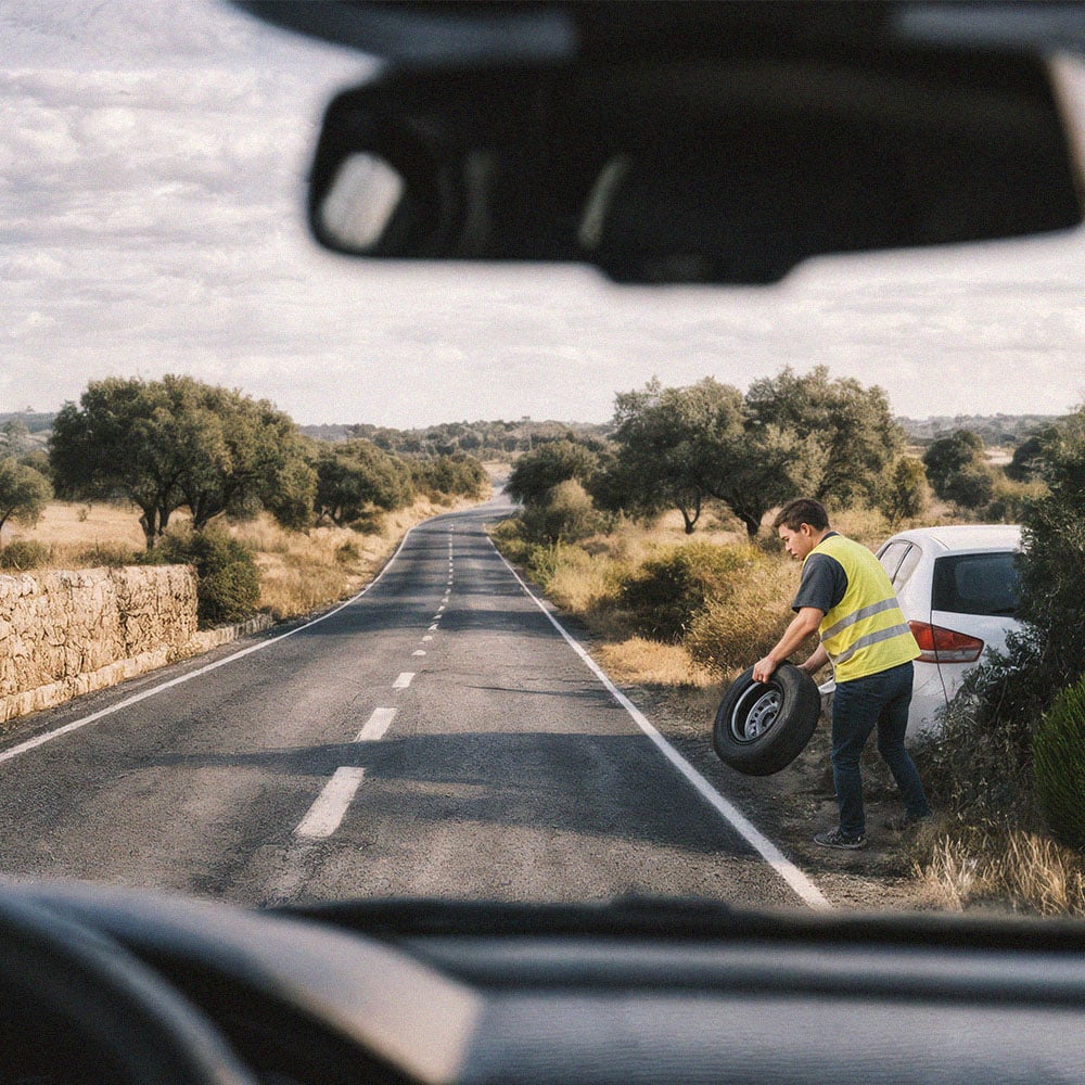 Imagem de pneu a ser trocado na estrada
