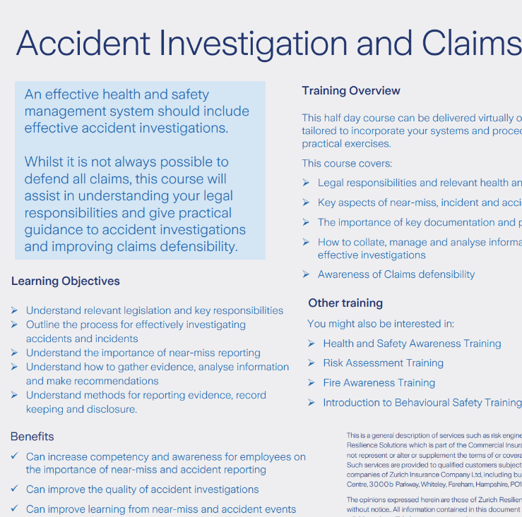 Accident Investigation and Claims Defensibility Training Factsheet