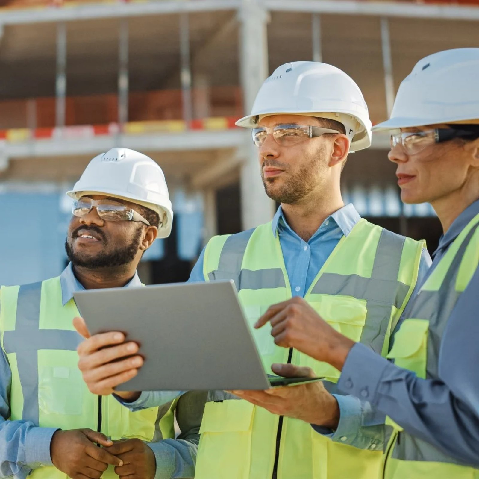 Three construction workers with laptop