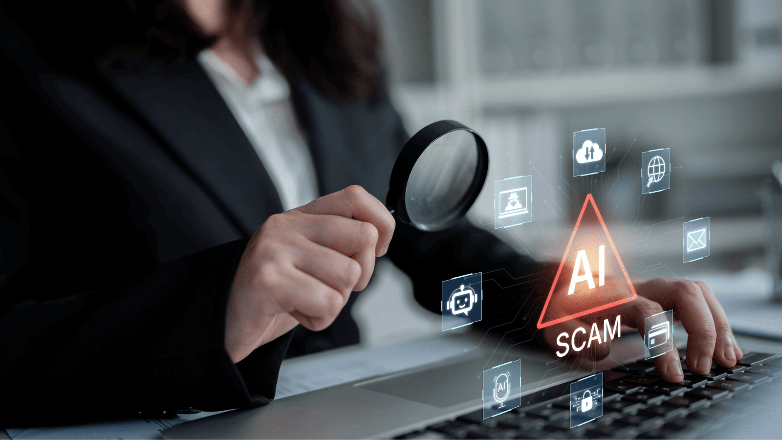 Magnifying glass over laptop with AI scam warning