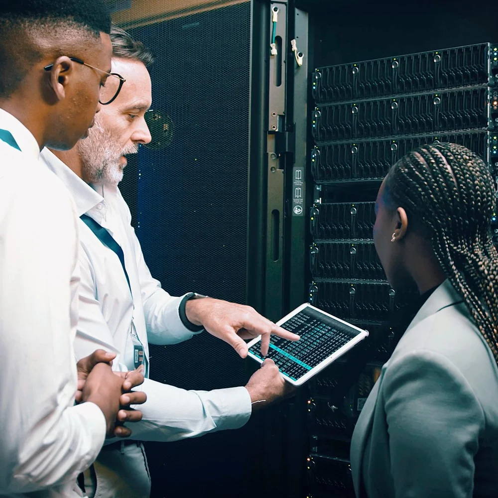 Three persons checking datacentre mainframe