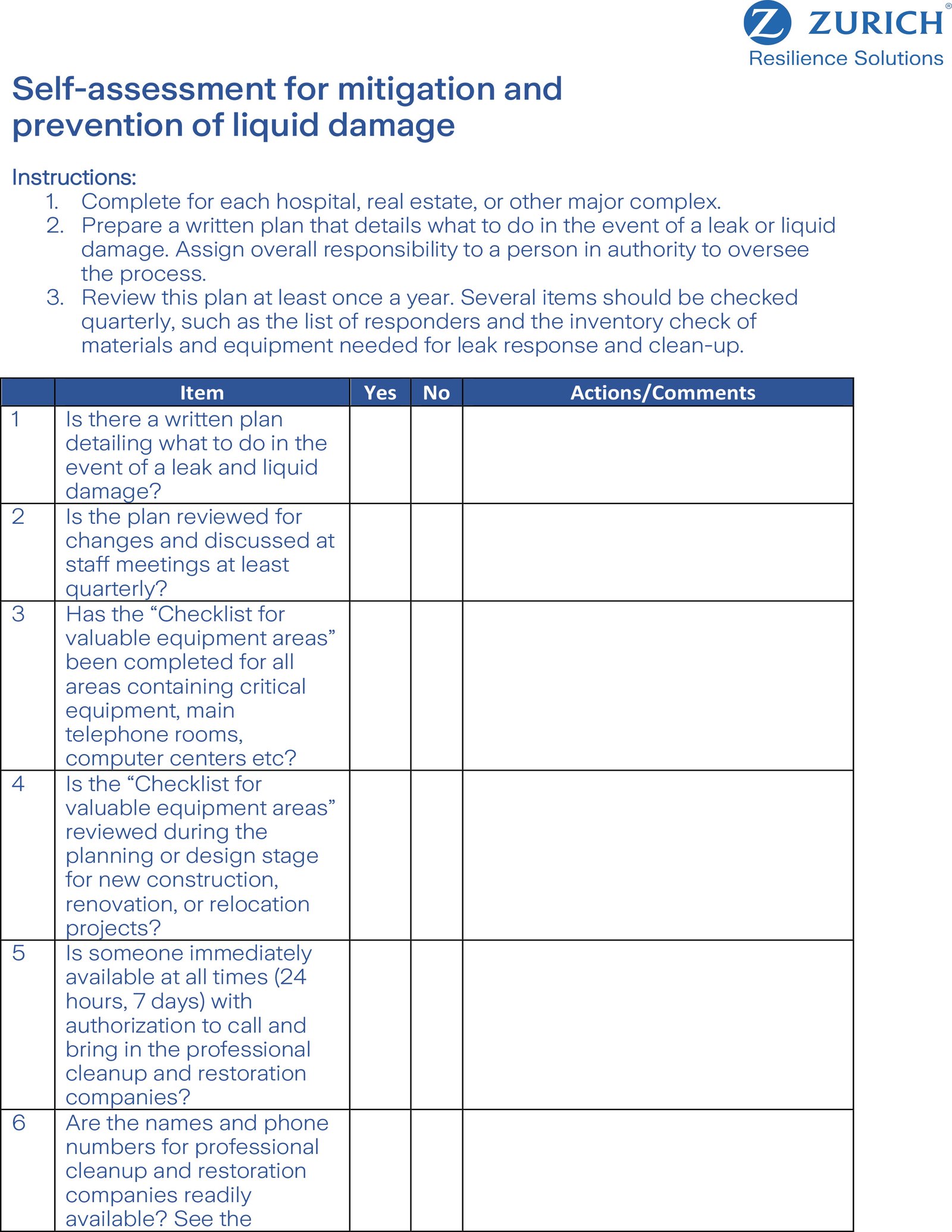 self assessment for prevention of liquid damage preparedness