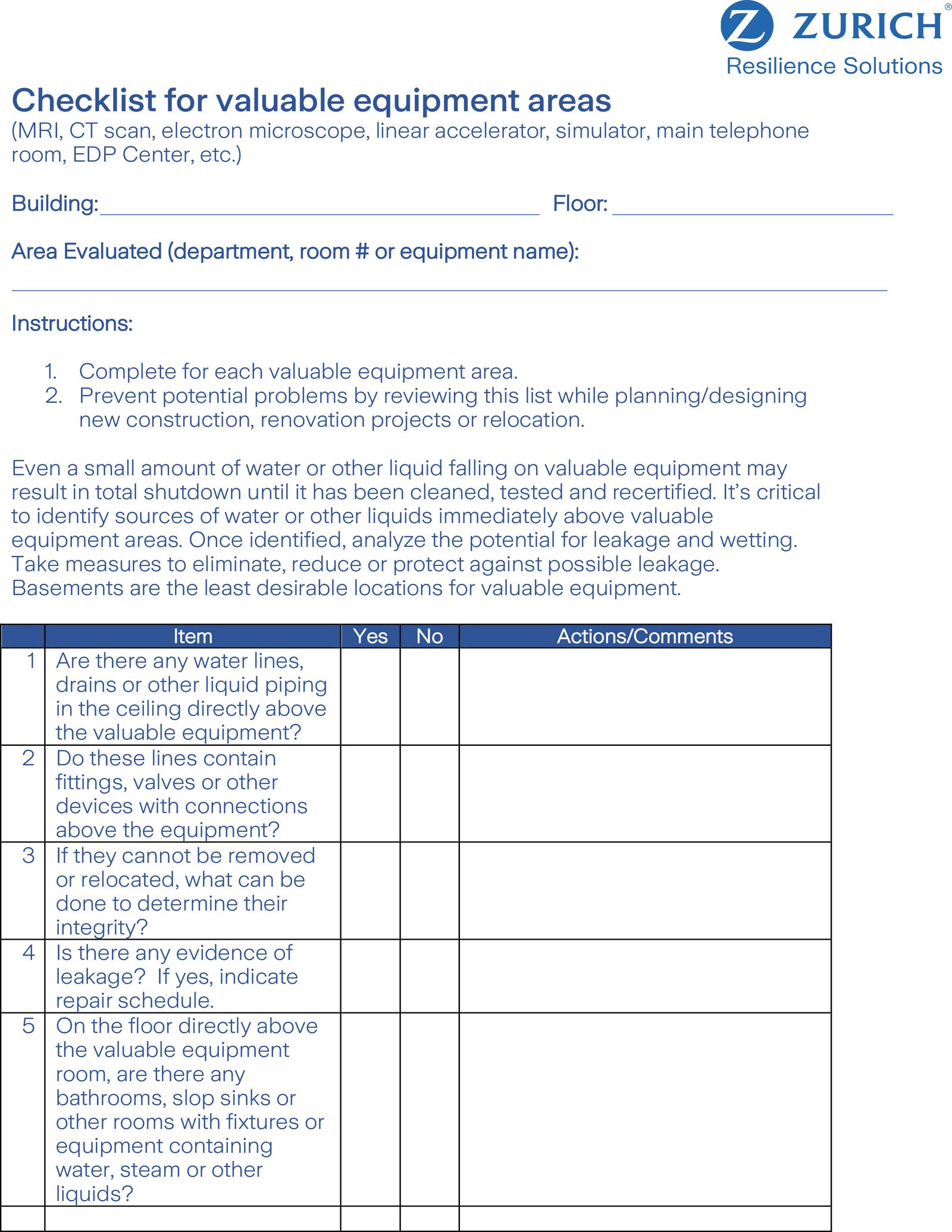 zrs valuable equipment areas checklist