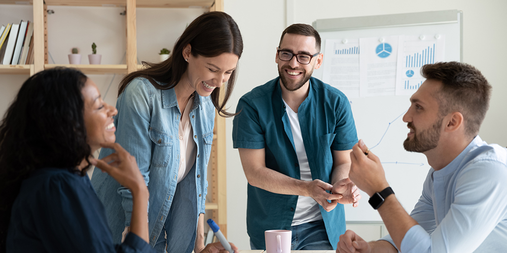 Employees having pleasant conversation
