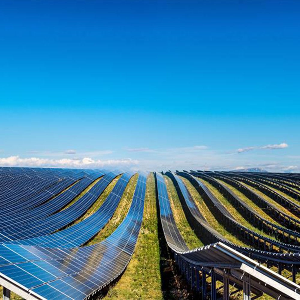 Rows of solar panels in a field under a blue sky