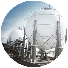 Large spherical industrial storage tanks with supporting structures