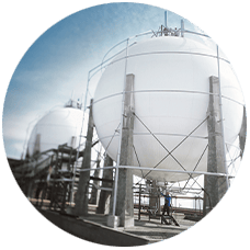 Large spherical industrial storage tanks with supporting structures